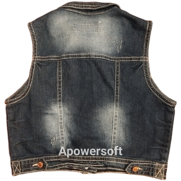 Wallflower Juniors Size XL Distressed Denim Vest, Dark wash denim blue - Picture 2 of 7